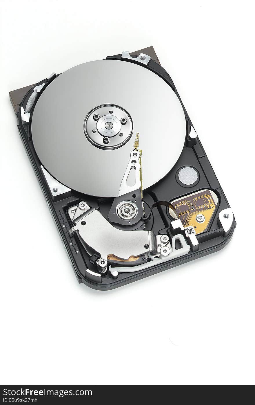 Hard drive open on white background