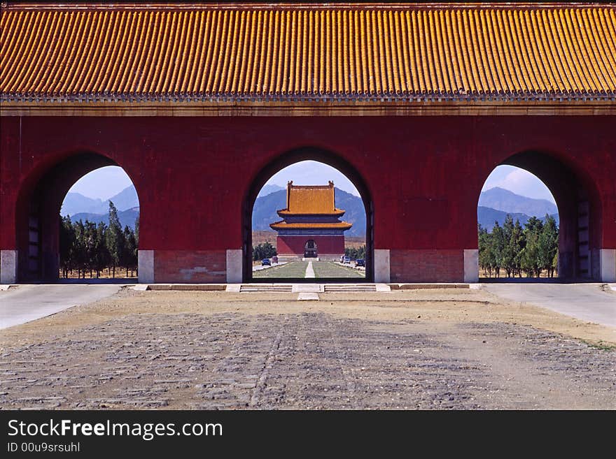 looking through the grand red gate, the qing east tombs, china.