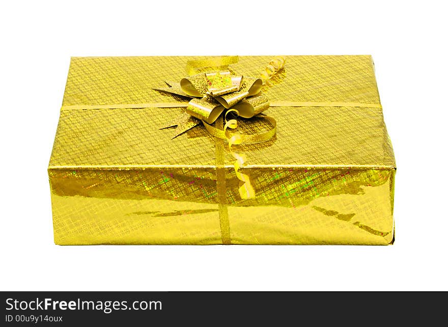 Yellow celebratory gift box isolated on white