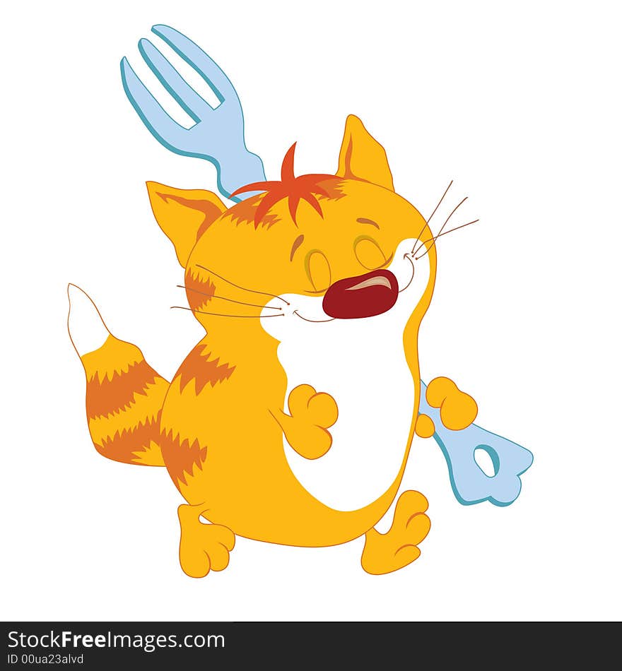 Red cat with fork going. Red cat with fork going