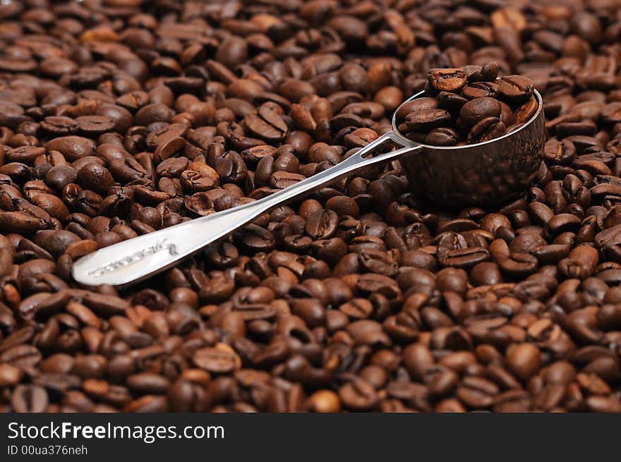 Coffee spoon lying on coffee beans. Coffee spoon lying on coffee beans