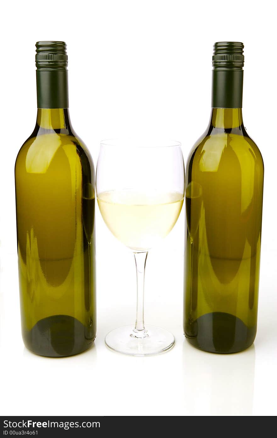 White wine bottles isolated against a white background