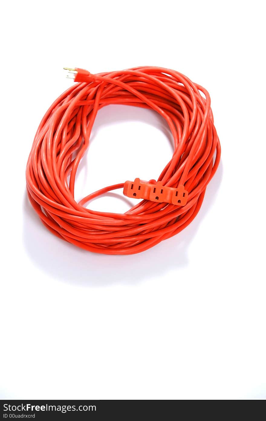 A 100 foot orange extension cord coiled up with a three way splitter