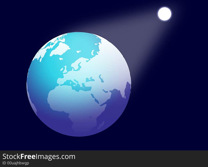 Computer generated digital globe and moon with dark blue background