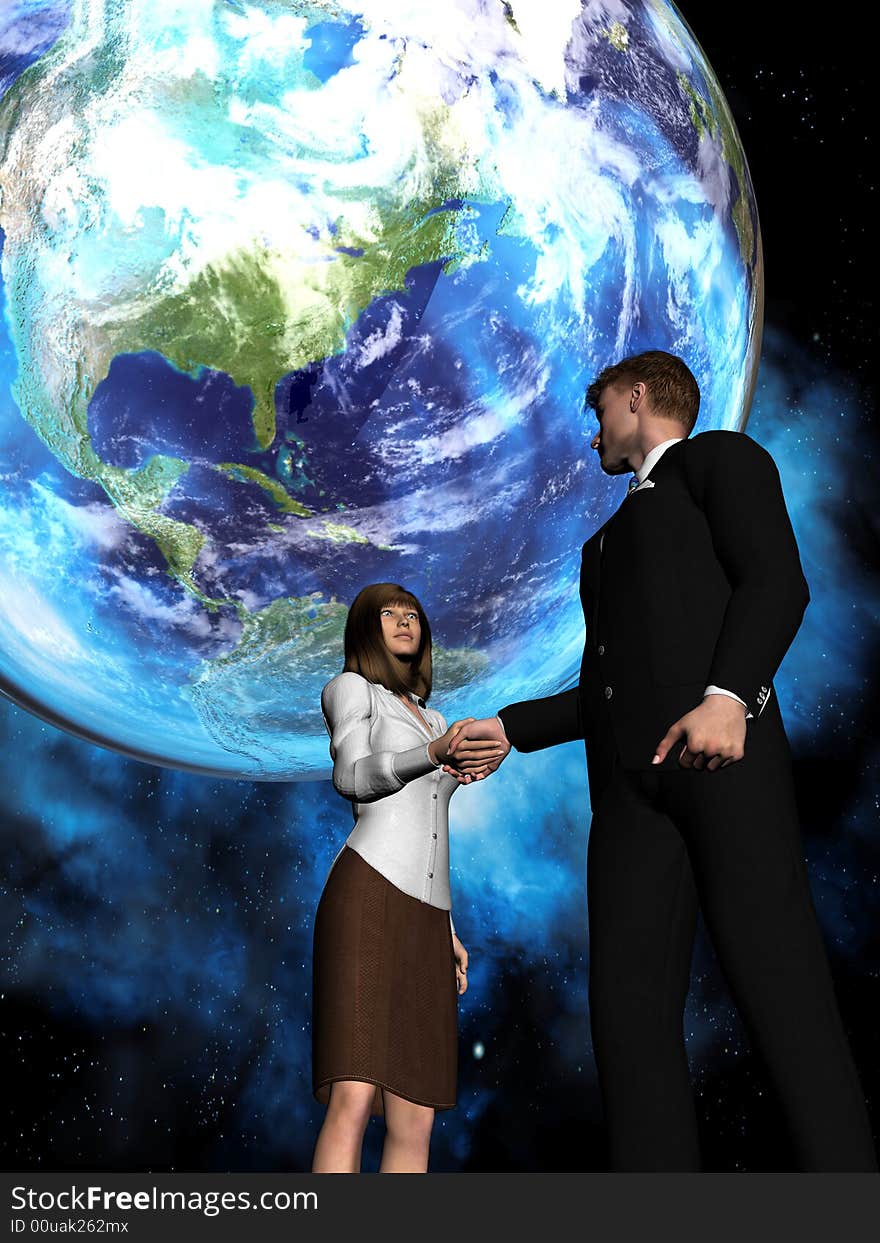 A businessman and a businesswoman shake hands in front of a globe. A businessman and a businesswoman shake hands in front of a globe