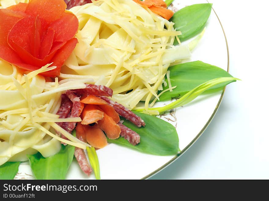 Pasta With Cheese, Salami, Tomatoes, Isolated