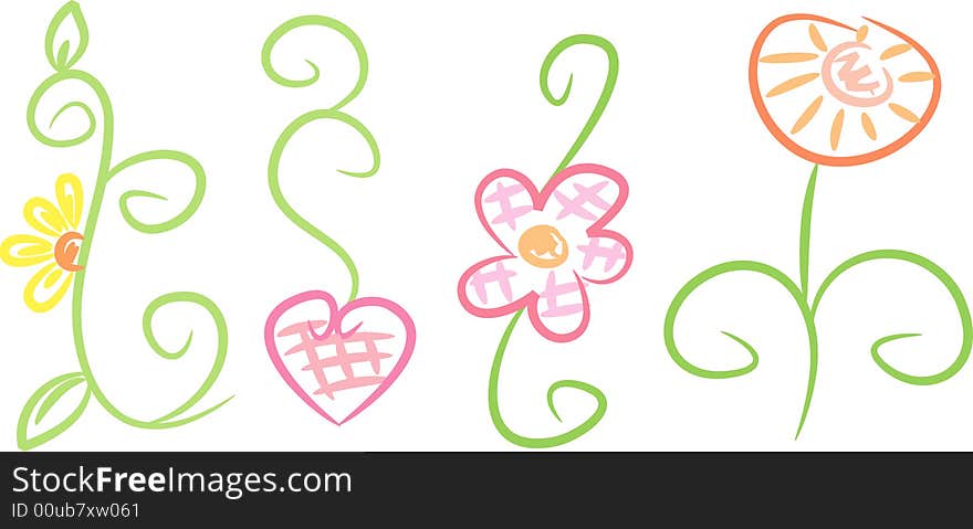 Collection of four pastel-colored floral ornaments drawn in line-art style; isolated. Collection of four pastel-colored floral ornaments drawn in line-art style; isolated