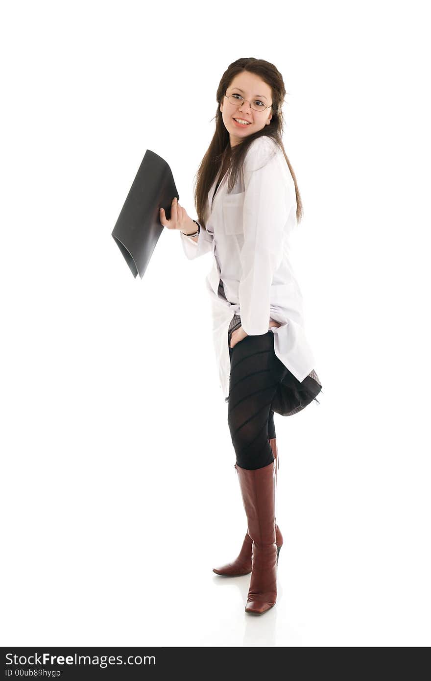 The young attractive nurse with a folder isolated on a white background