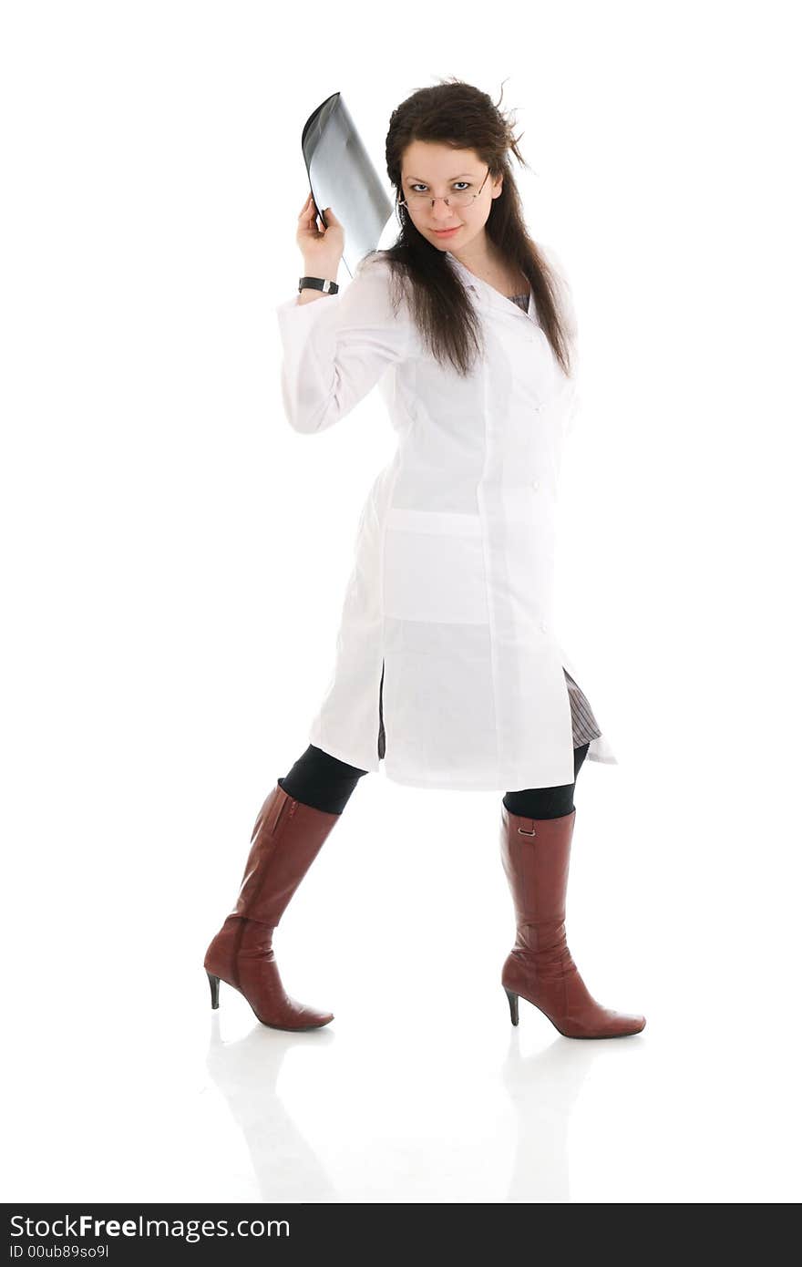 The young attractive nurse with a folder isolated on a white background