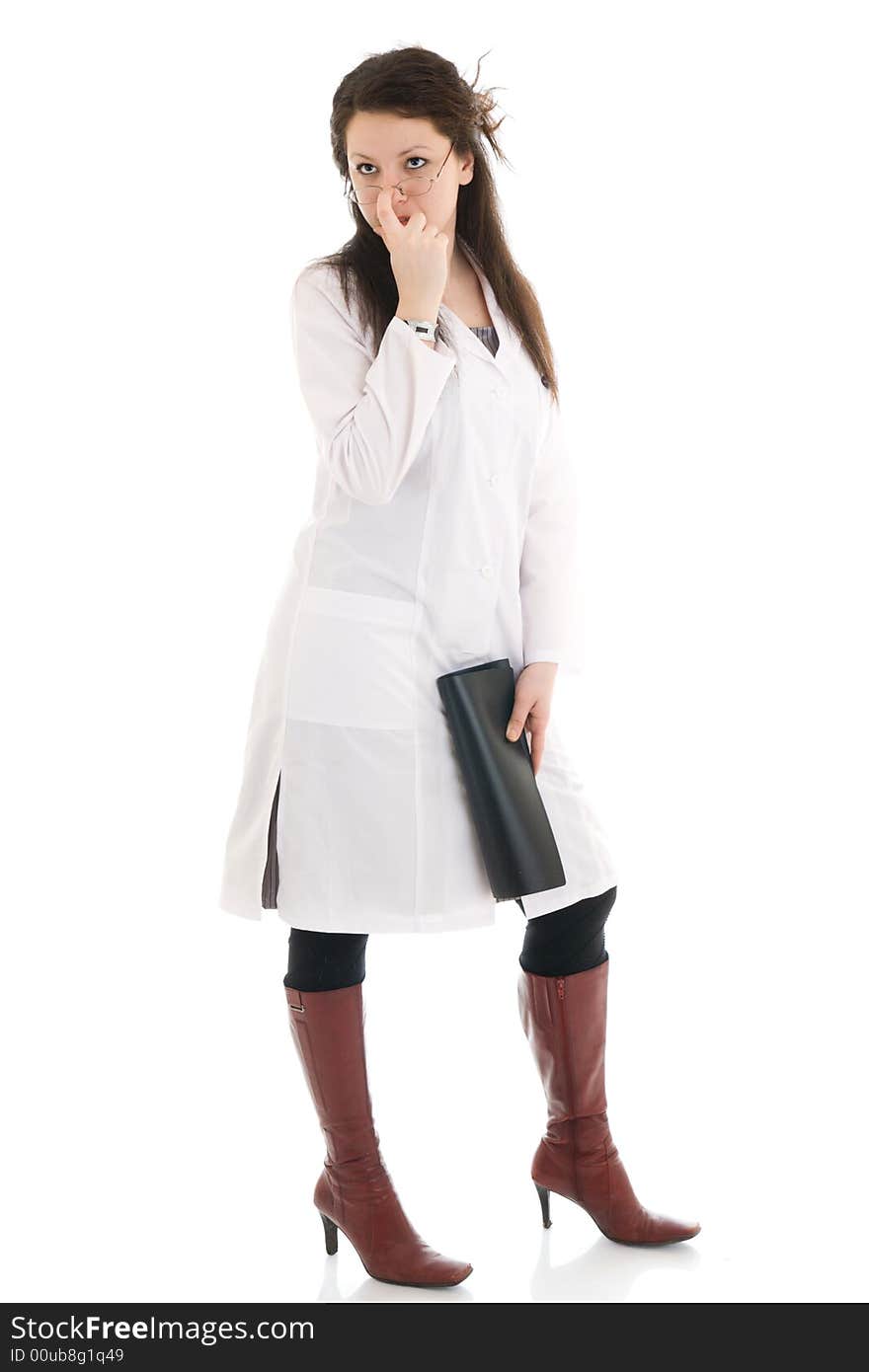 The young attractive nurse with a folder isolated