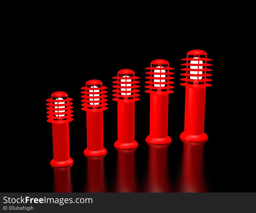 Five red lanterns on black background