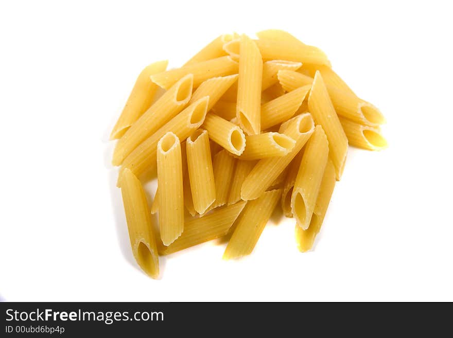 A serving of dried ziti on a white background