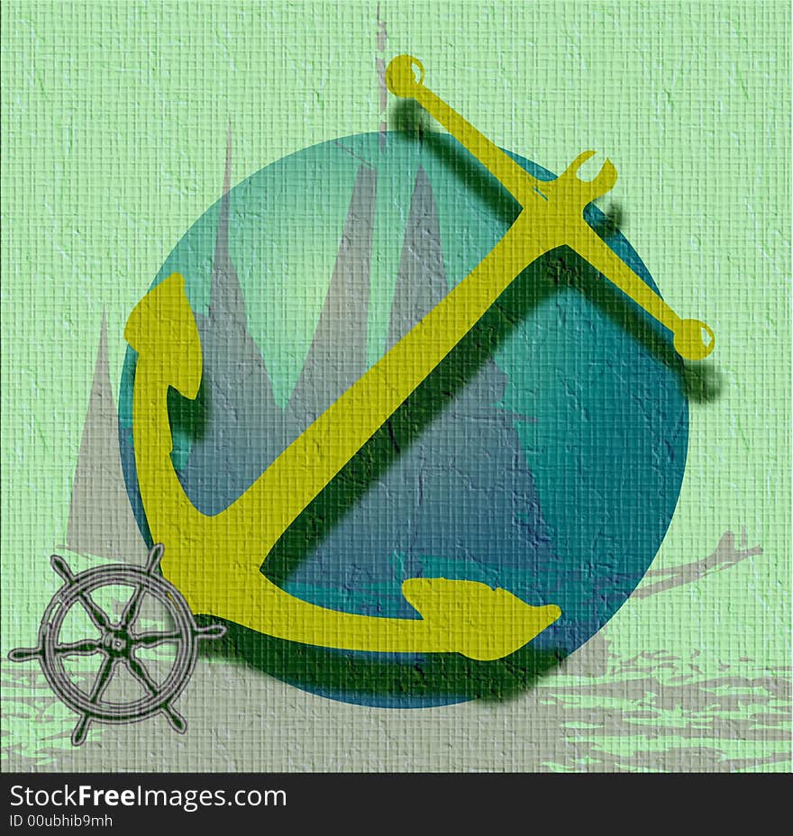 Abstract colored illustration with yellow anchor shape and vessel steering wheel