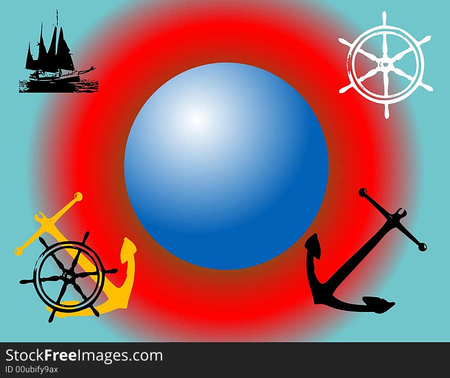 Abstract illustration with vessel shape, anchor and steering wheel. Abstract illustration with vessel shape, anchor and steering wheel