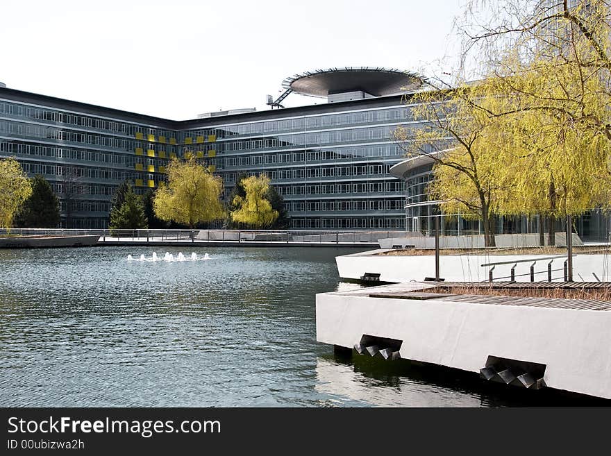 Artificial lake in front of buildings in nuremburg, germany