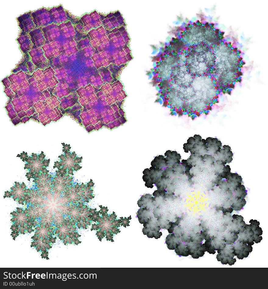 Four abstract fractal structures. Swirl space. Dotted, blurred, sharpen. Multi colored. Four abstract fractal structures. Swirl space. Dotted, blurred, sharpen. Multi colored.