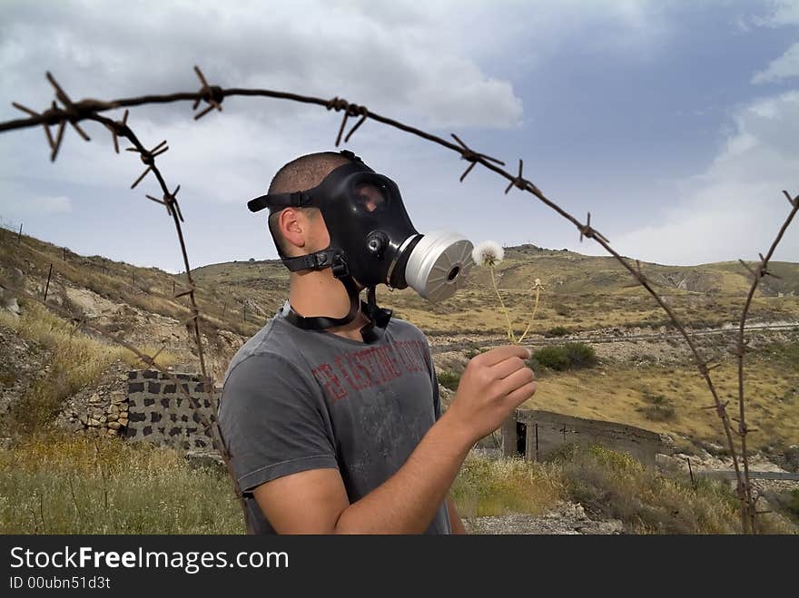 Man with a gas mask holding a dandilion. Man with a gas mask holding a dandilion