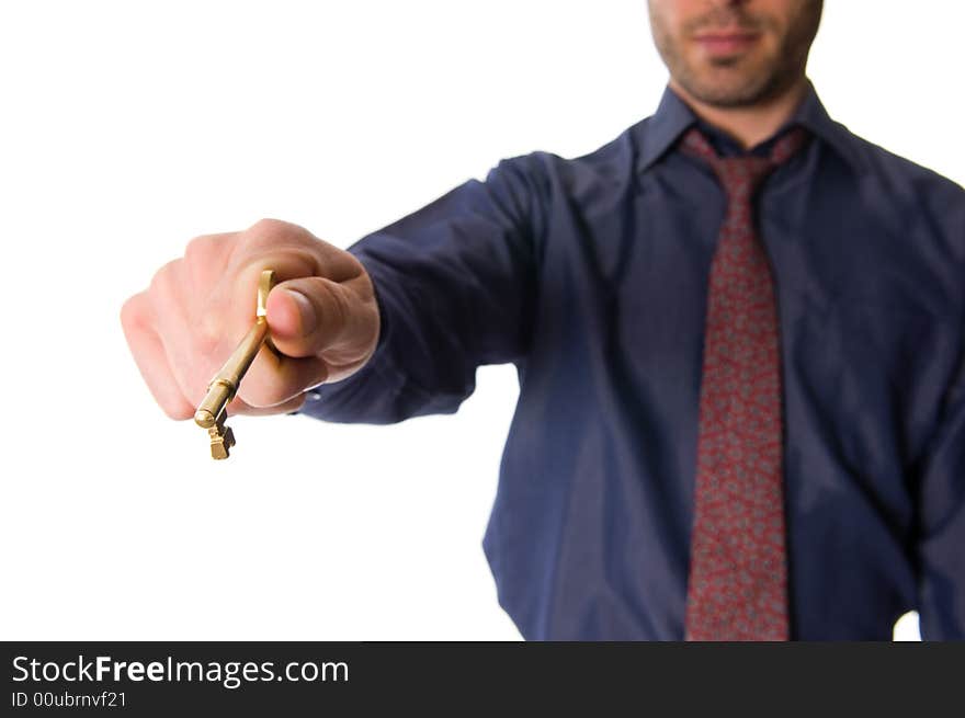 Real estate agent with a golden key for client