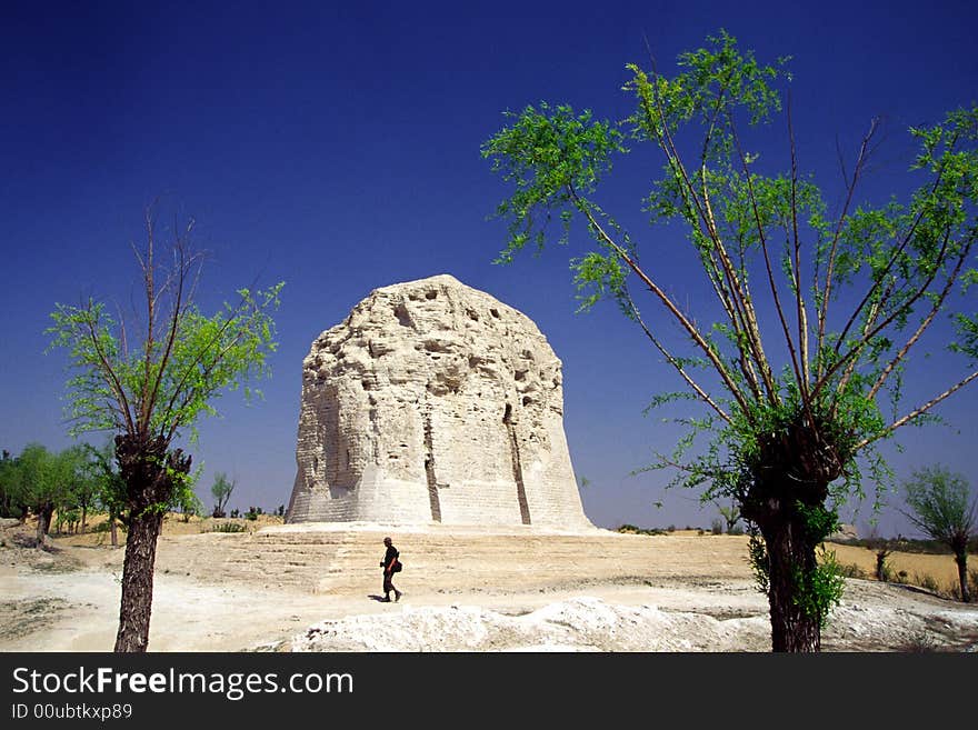 general tower and willows of tongwancheng, ruins of the capital of daxia kingdom (5th century). located in jingbian, shanxi, china