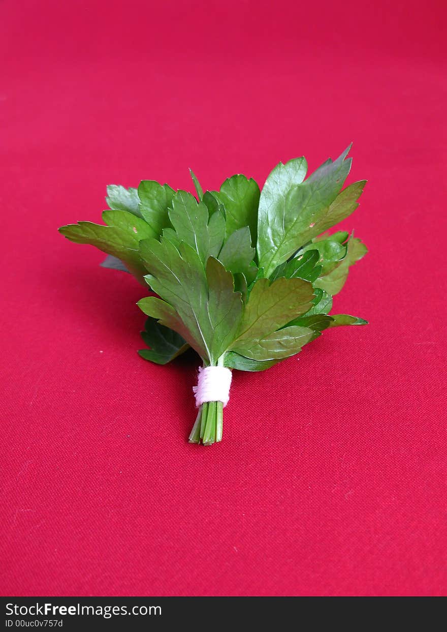 Bouquet of parsley tied with a white rope in red background.