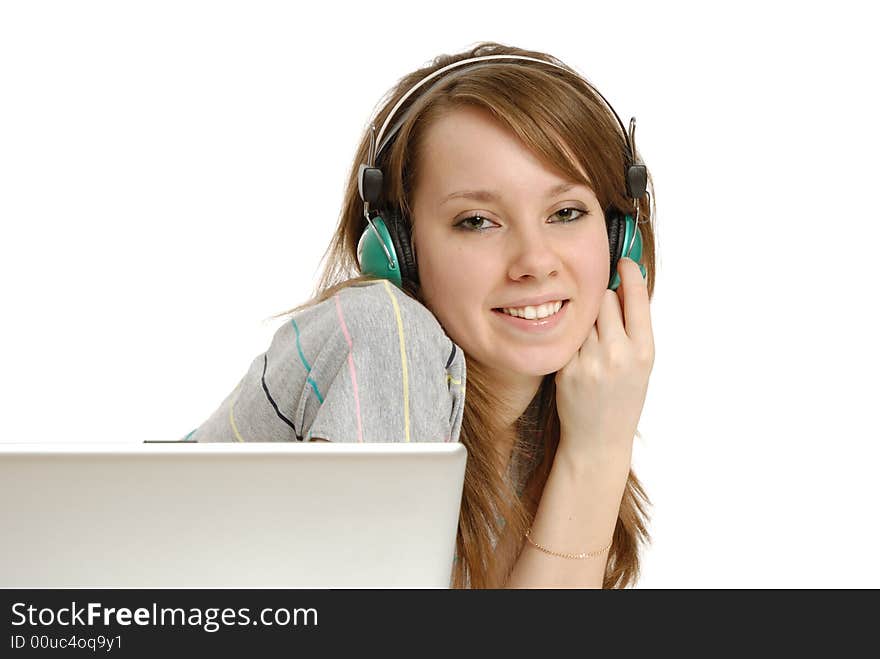 Girl listens to music isolated on white background