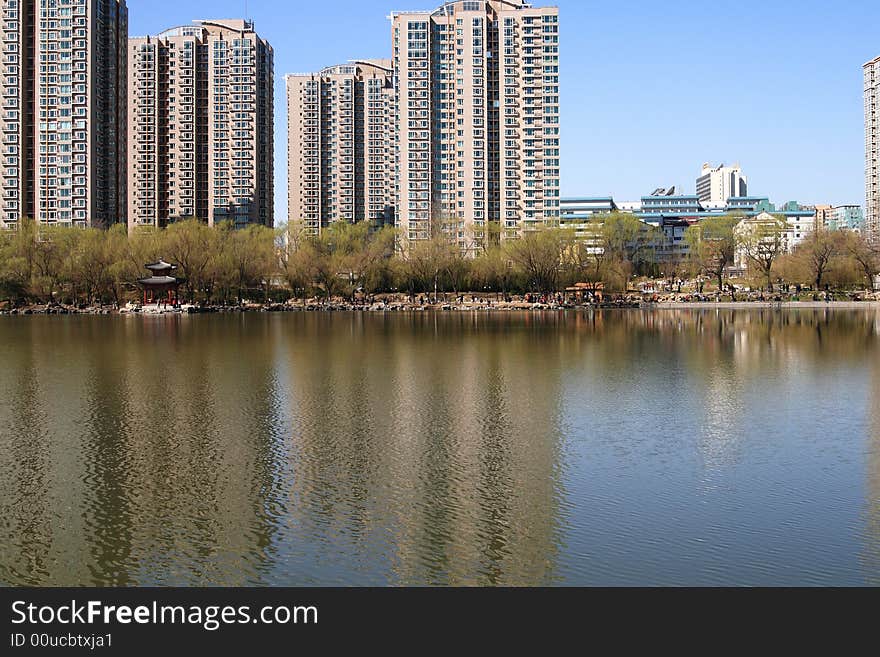 Lake and buildings Beijing ctiye