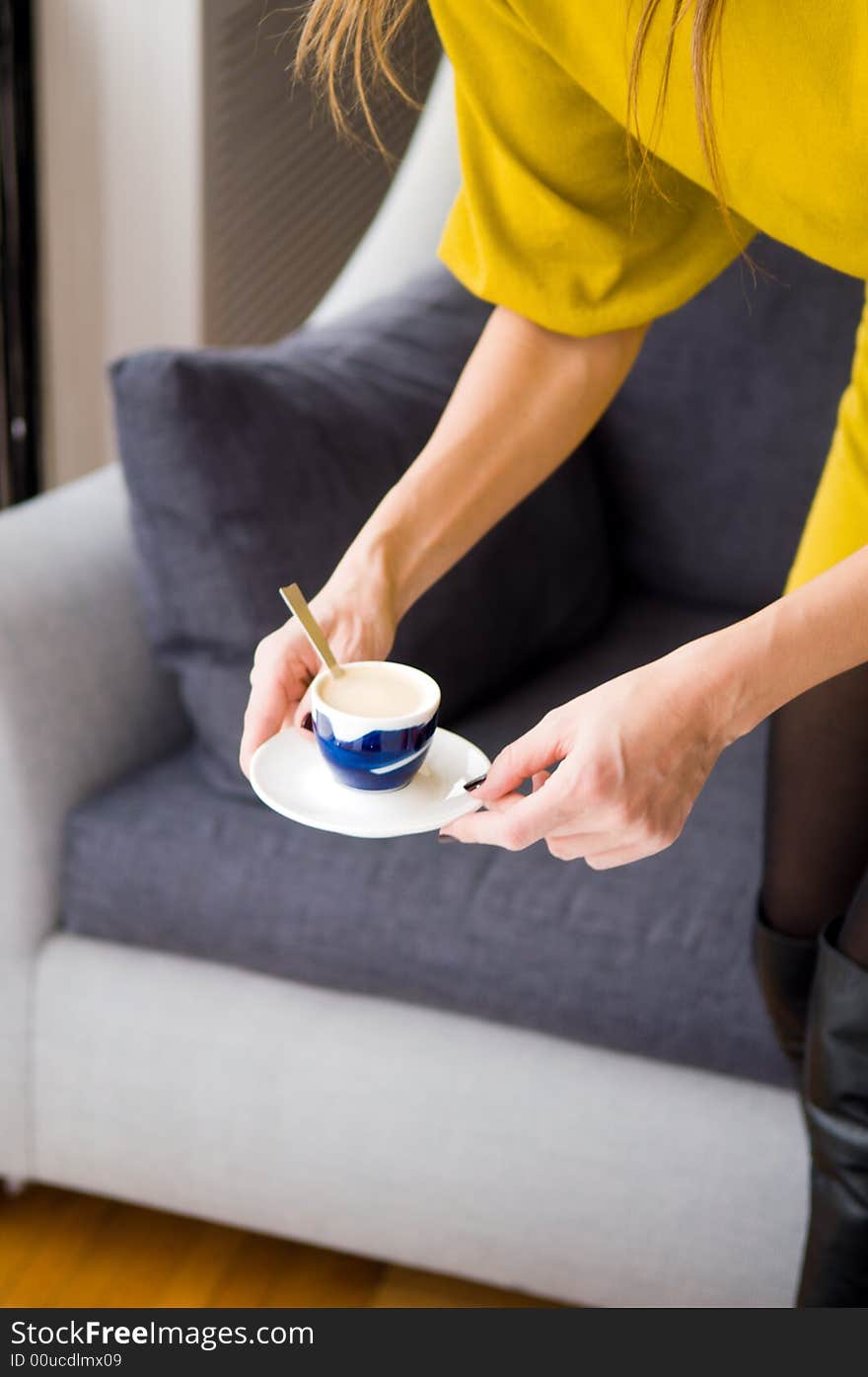 Beautiful woman hold cup of coffee. Beautiful woman hold cup of coffee