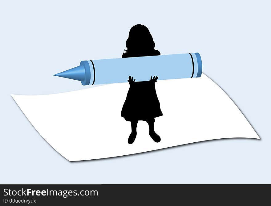 Illustration of mini girl holding large crayon. Illustration of mini girl holding large crayon