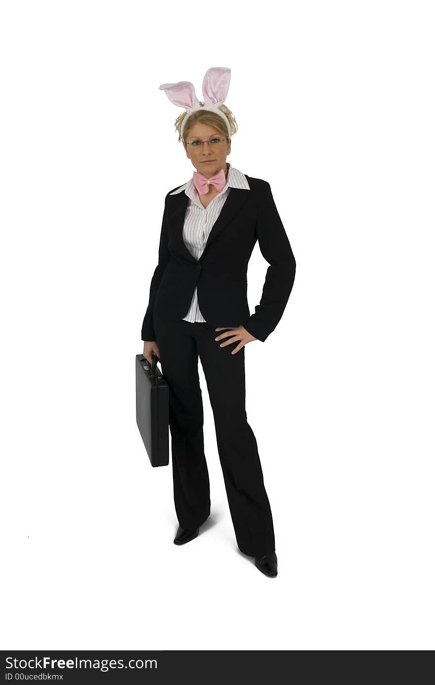 Business woman with ears. As Easter Bunny.With suitcase. Business woman with ears. As Easter Bunny.With suitcase.