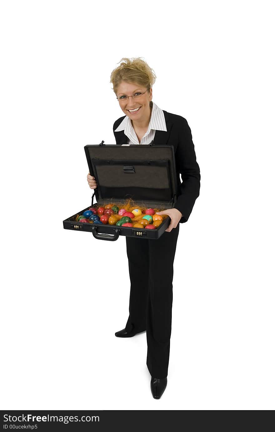 Business Woman With A Suitcase Full Of Eggs.