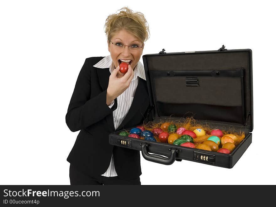 Business woman with a suitcase full of easter-eggs. Business woman with a suitcase full of easter-eggs.