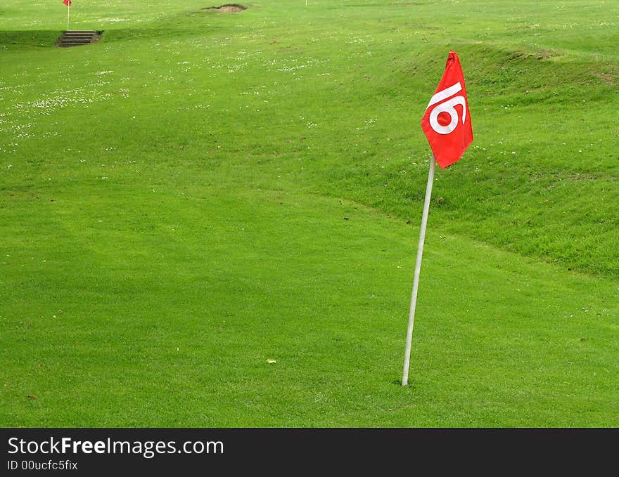 Flag in hole of golf putting green. Flag in hole of golf putting green