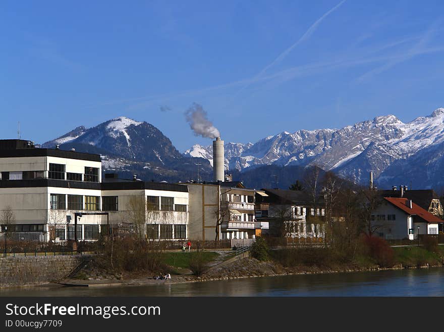 Concrete chimney and mountains