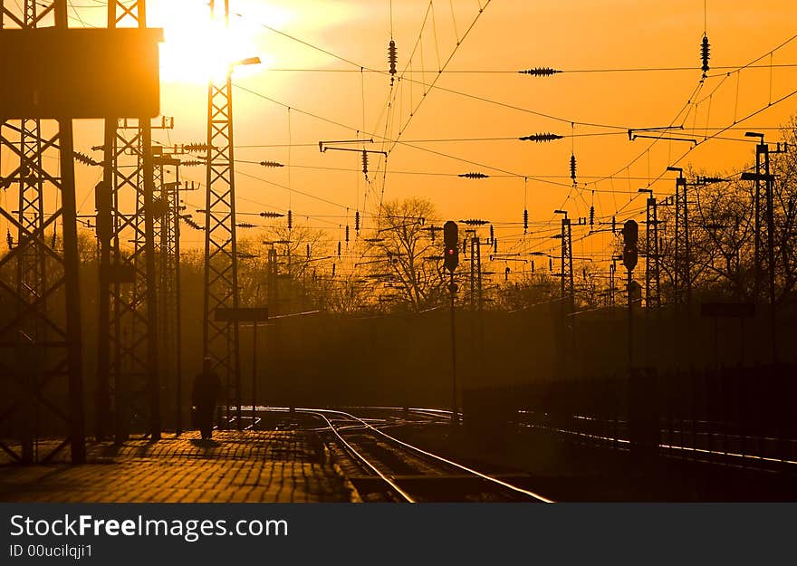 Ralway station at sunset, illustration. Ralway station at sunset, illustration