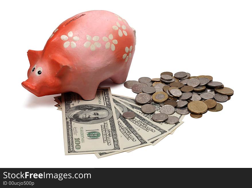 Piggy bank with dollar bills and coins