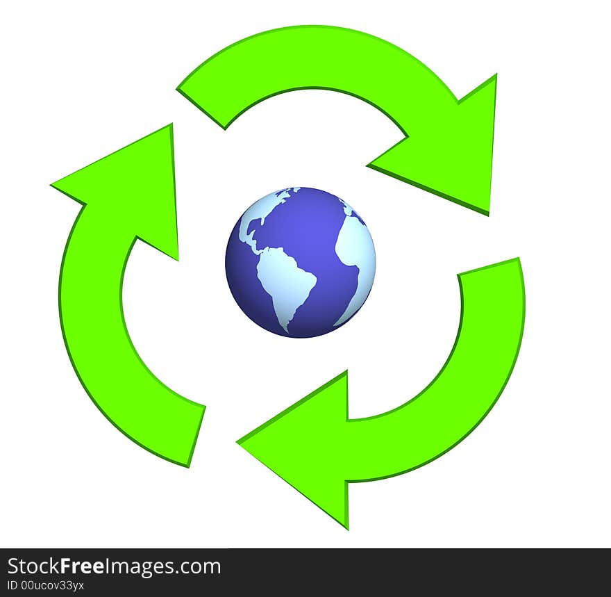 Ecological symbol -  Earth surrounded with green pointers. Objects over white