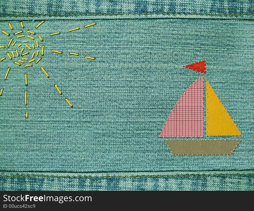 Yacht from multi-coloured cloth on a jeans fabric