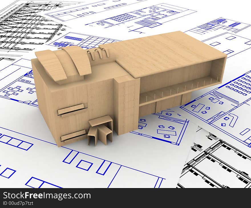 Wooden miniature of futuristic house on blueprints. Wooden miniature of futuristic house on blueprints