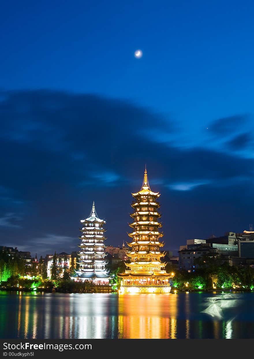 Pagodas in Banyan Lake in down