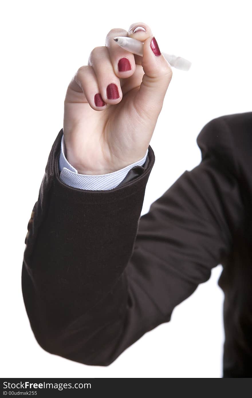 Businesswoman holding pen isolated on white background