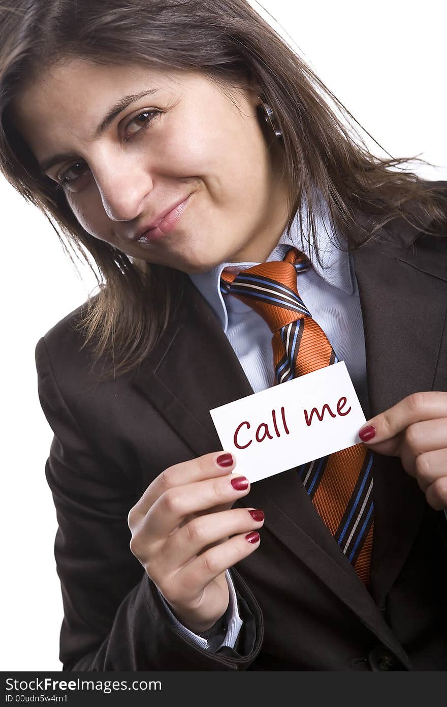 Young businesswoman with teasing presentation card. Young businesswoman with teasing presentation card