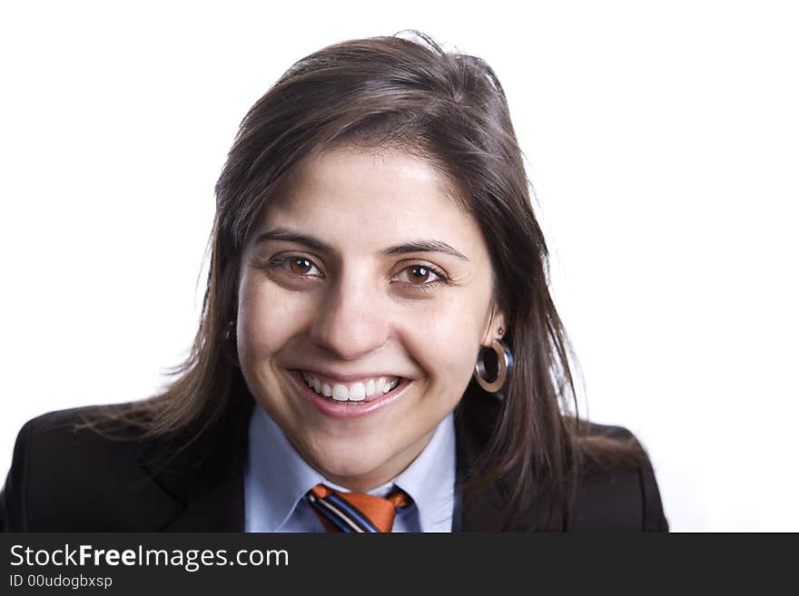 Businesswoman smiling isolated on white background