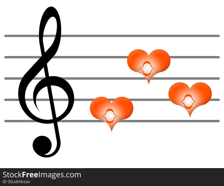 Musical lines, treble clef and notes in the form of hearts on a white background