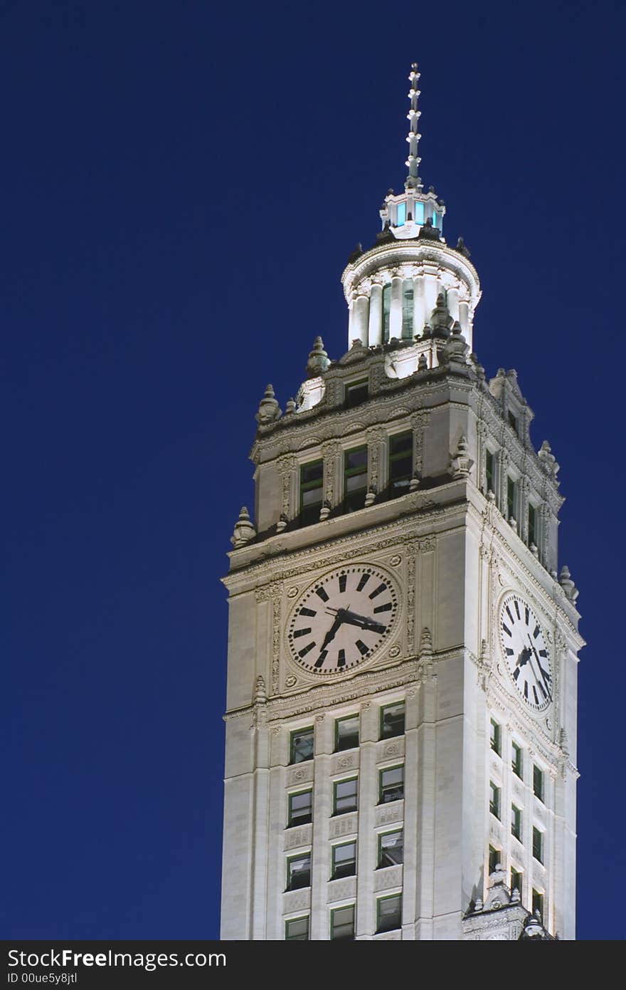 Wrigley Building in Chicago during blue hour.