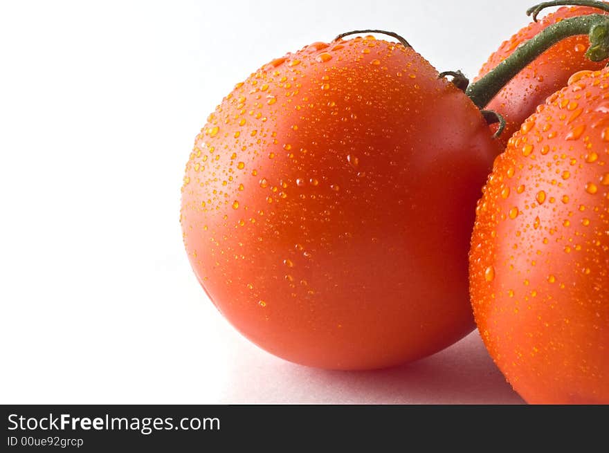 Vine ripened tomatoes against white, close up on one. Vine ripened tomatoes against white, close up on one.