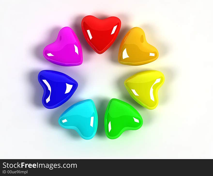 Colored hearts in 7 clours with white background