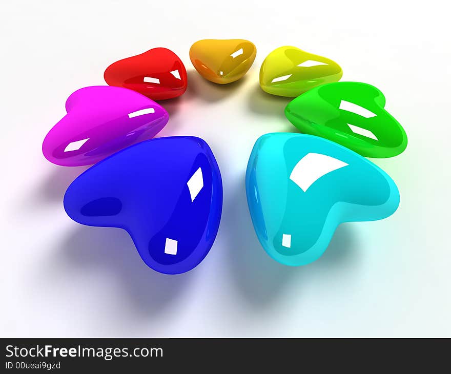 Colored hearts in 7 clours with white background