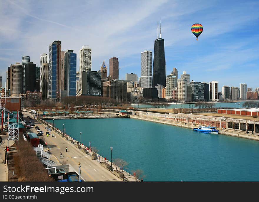 View of downtown Chicago. Hot air balloon is in the sky. View of downtown Chicago. Hot air balloon is in the sky.