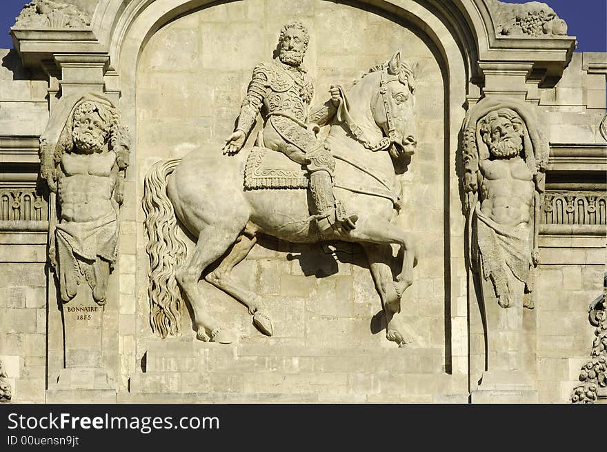 France; Lyon or Lyons: view of the  facade of the town hall with his statues and carved halls ; the most popular is the statue and carving representations of  of the king Henri 4th. the construction is from the 16th century. France; Lyon or Lyons: view of the  facade of the town hall with his statues and carved halls ; the most popular is the statue and carving representations of  of the king Henri 4th. the construction is from the 16th century