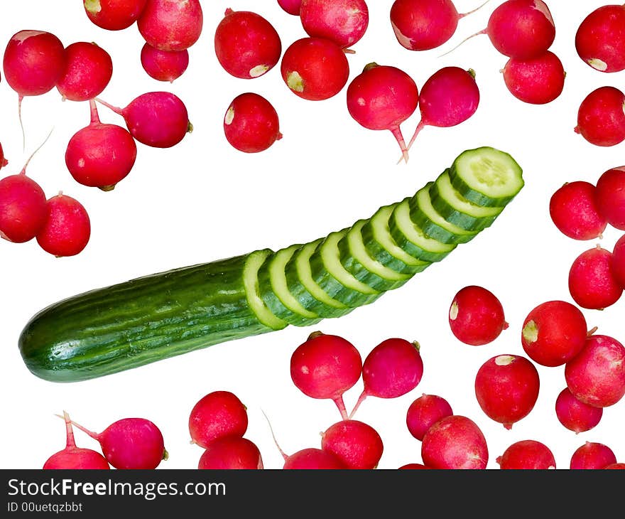 An image of slices of cucumber and radish